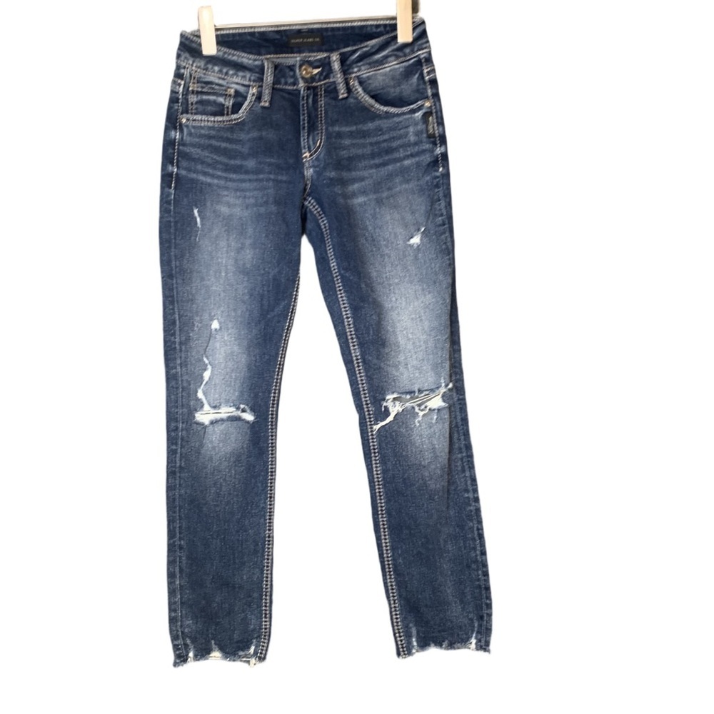 NEW! Silver Boyfriend Dark Wash Low Rise Denim Jeans W26 L27 Embroidery Distress